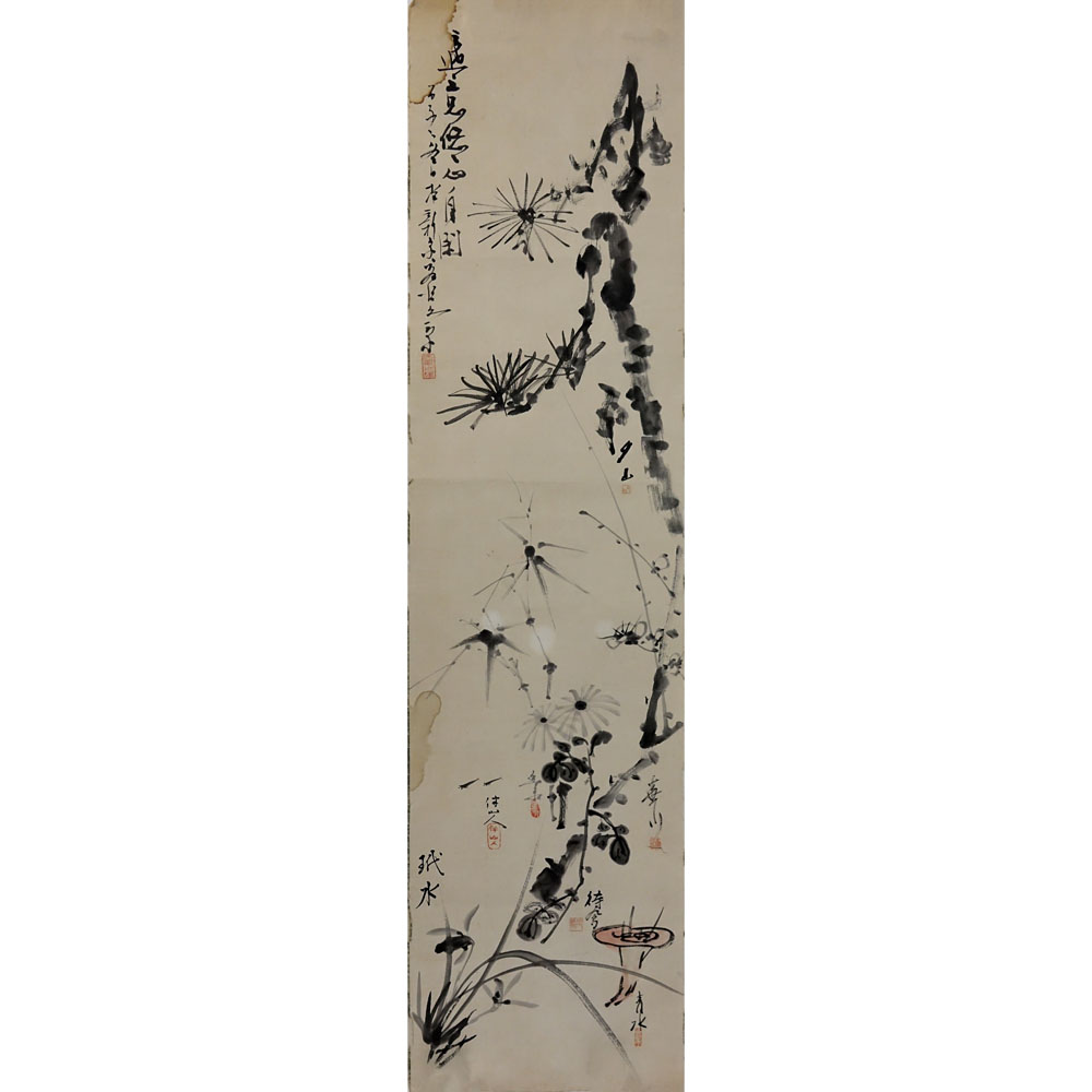 Antique Chinese Watercolor on Rice Paper Laid On Paper. Flower decoration.