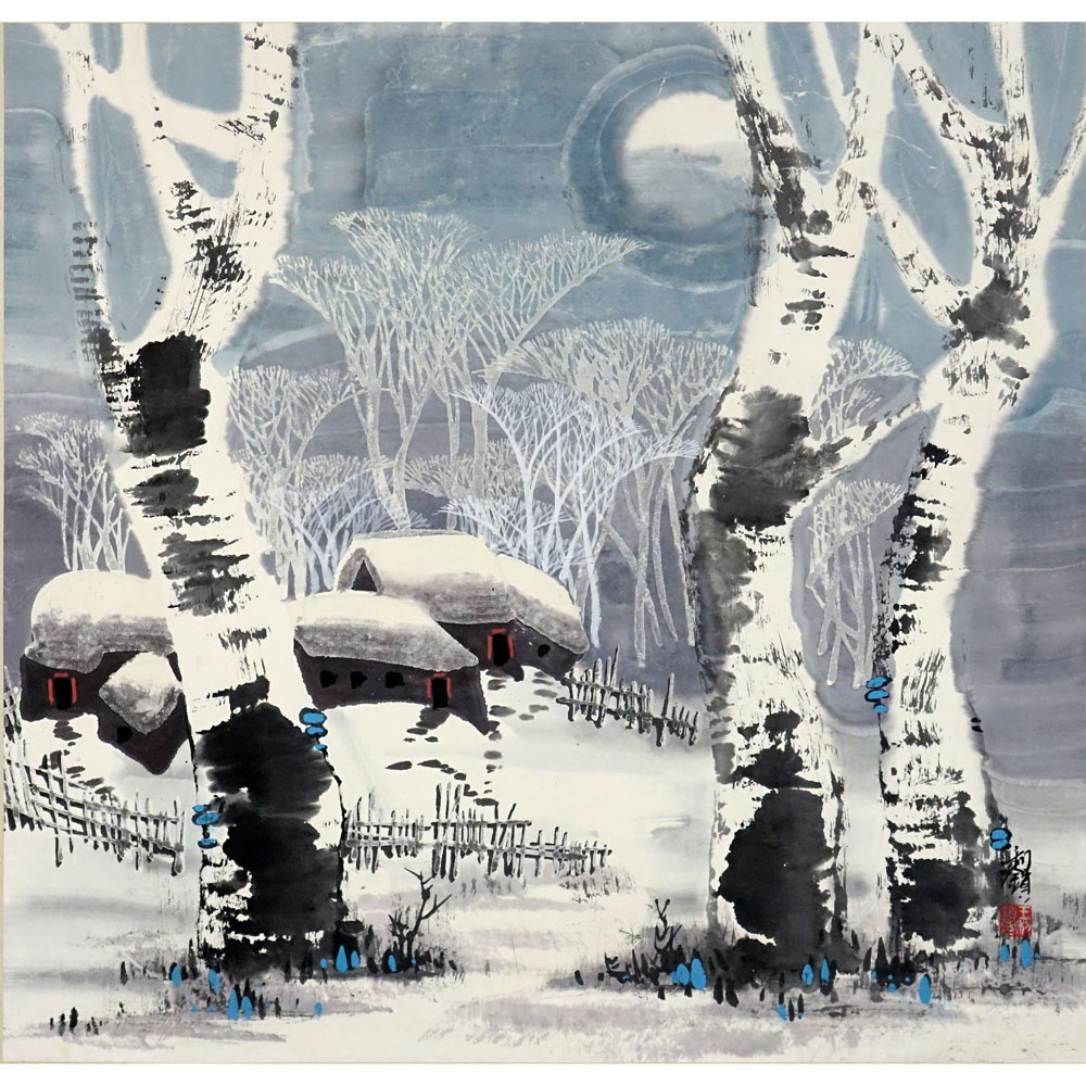 20th Century Chinese Gouache on Paper. "Winter Village"  