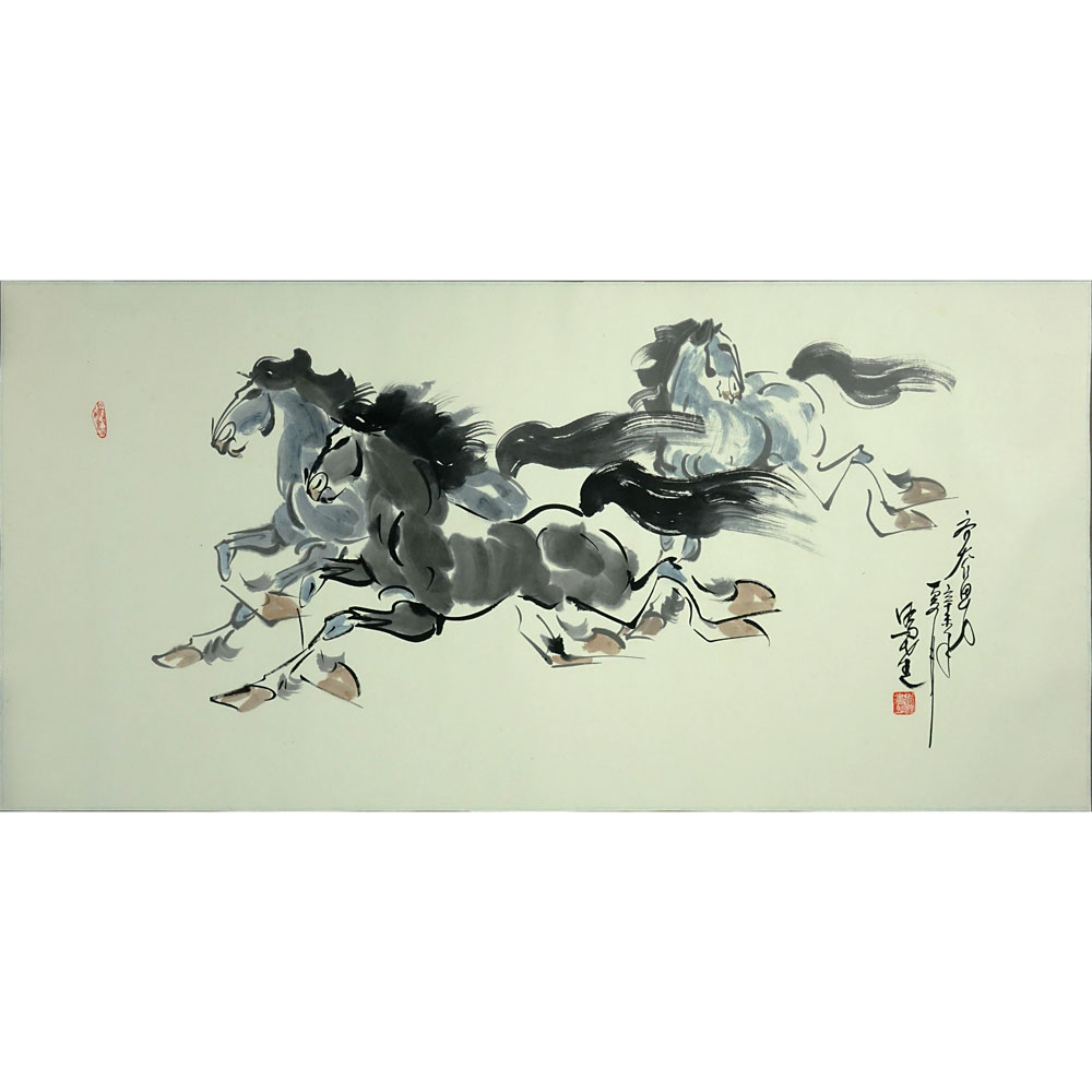 20th Century Chinese Watercolor on Paper. "Horses" 