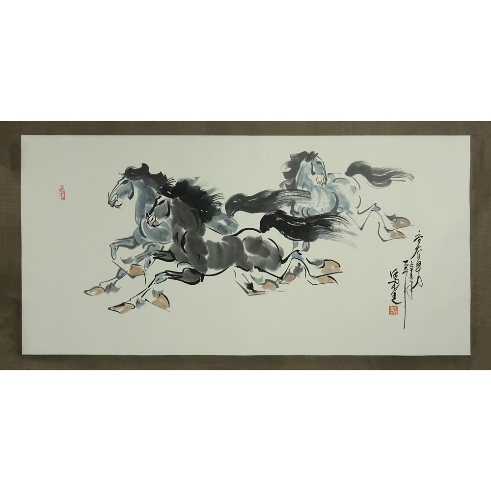 20th Century Chinese Watercolor on Paper. "Horses" 