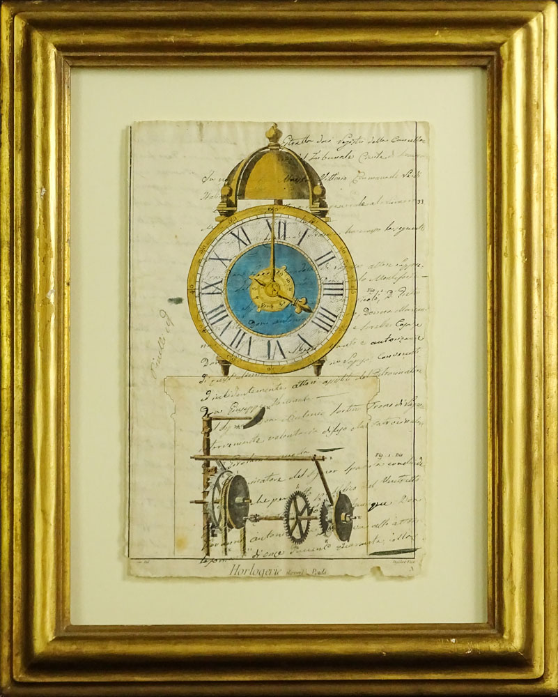 Two (2) 19th Century Manuscripts Hand Decorated with Later Watercolor "Clock Works". 