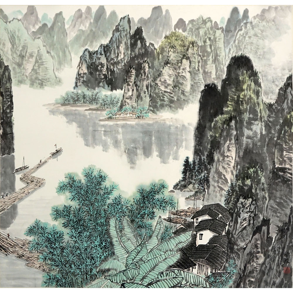 Antique Chinese Watercolor on Paper. "Mountain Lake Village"  