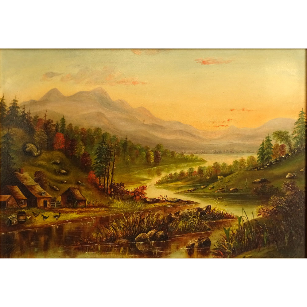 19th Century Oil on Masonite "River House" 