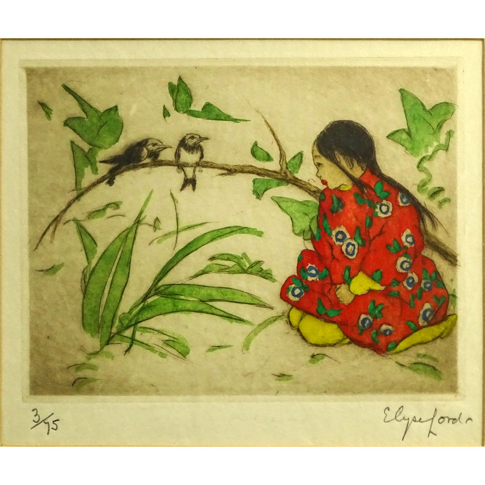 Elyse Ashe Lord, British (1900-1971) Etching with hand coloring "Young Chinese Girl With Birds"  