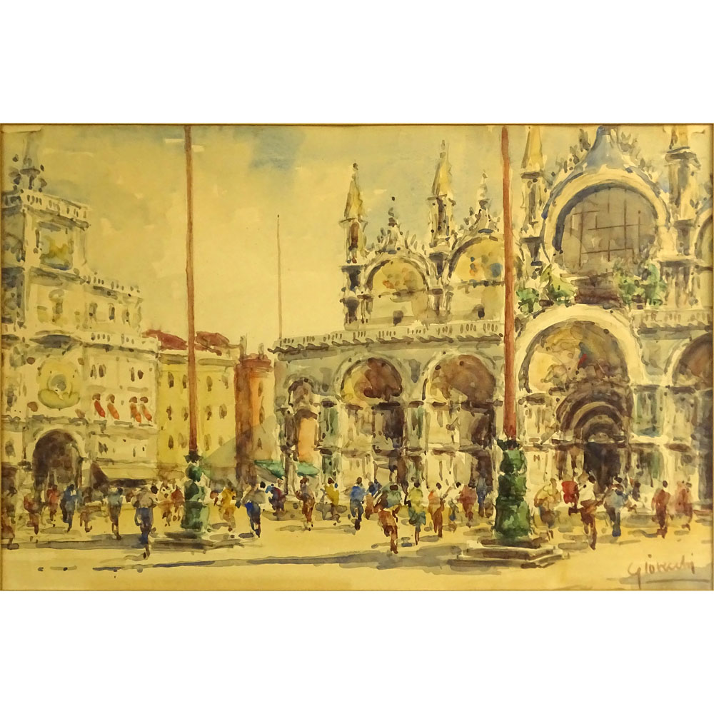 20th Century Italian Watercolor "Piazza". 