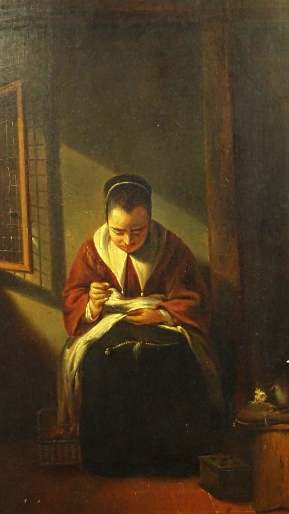 19th Century Oil on Cradled Panel Possibly Flemish "Mending"  