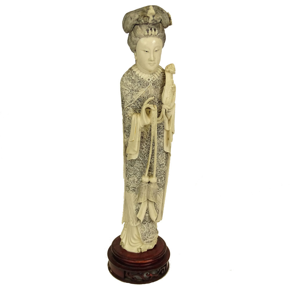 Antique Chinese Carved Ivory Empress Figure on Carved Wood Base, 