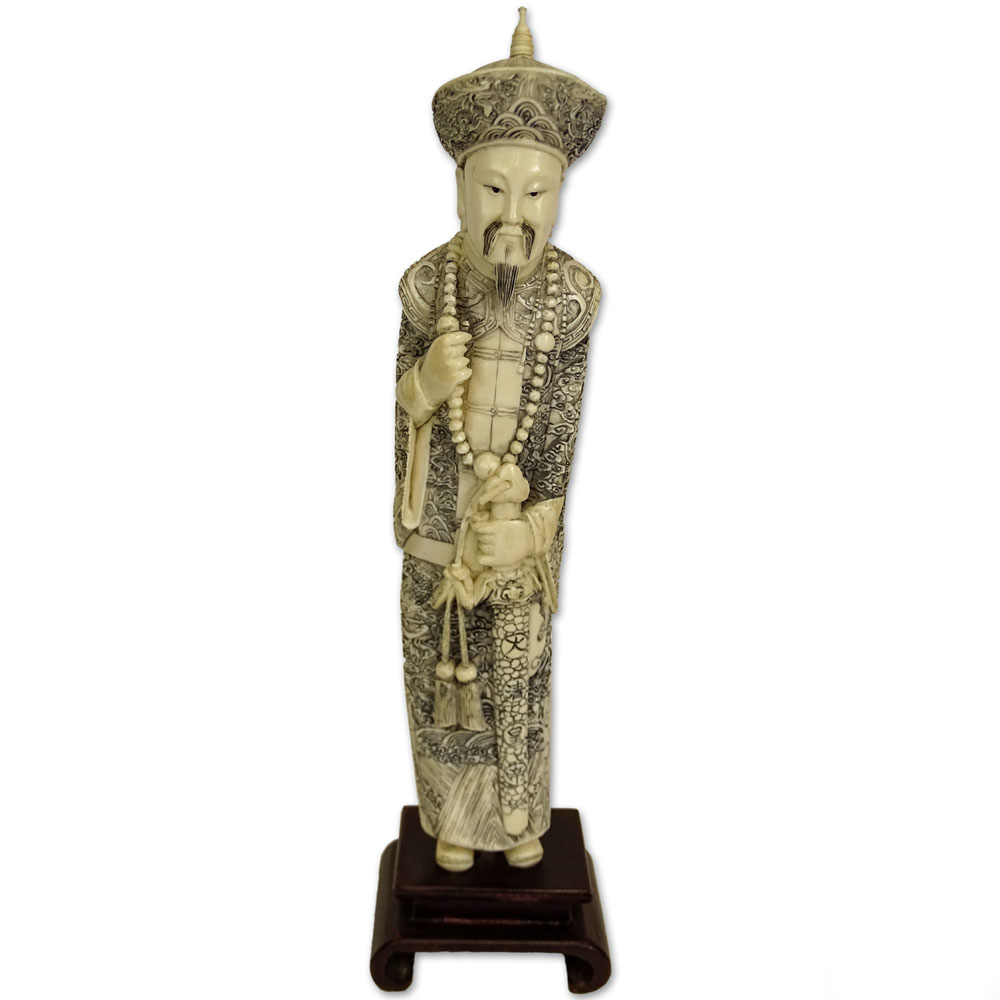 Antique Chinese Carved Ivory Emperor Figure with Wood Base.