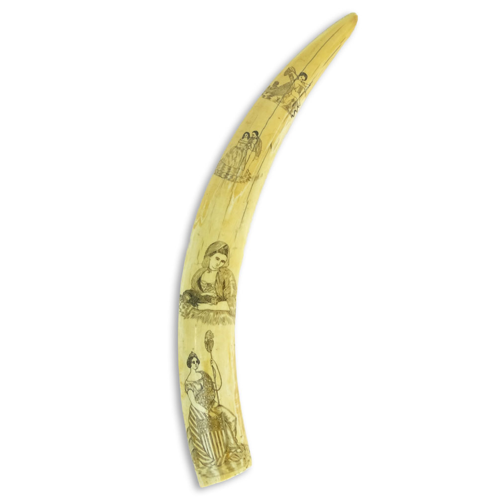 19th Century Scrimshaw Walrus Tusk With Americana Motif.