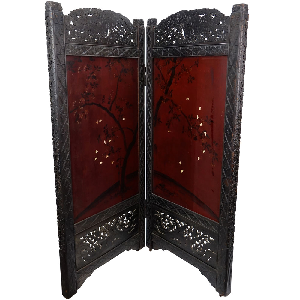 Large Antique Chinese Heavily Carved Hardwood Two Panel Screen With Carved Bone Relief Decoration and Lacquered Motif. 