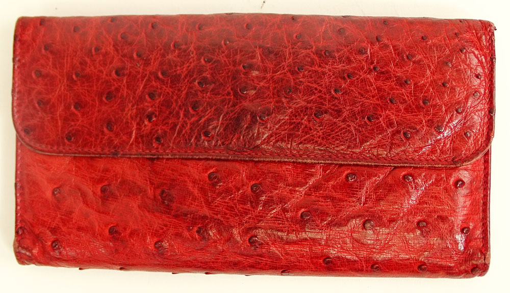 Retro Gucci Red Ostrich Leather Clutch Wallet.