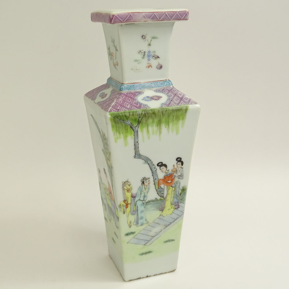 Vintage Chinese Export Hand Painted Porcelain Square Vase.