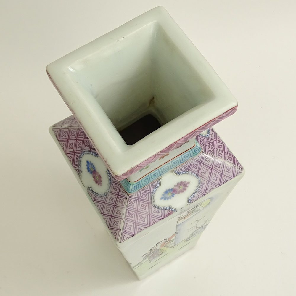 Vintage Chinese Export Hand Painted Porcelain Square Vase.