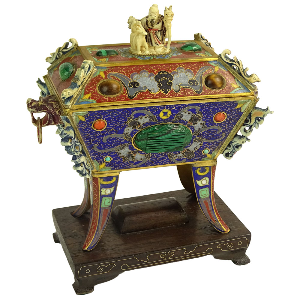 Vintage Chinese Cloisonné Censer With Gemstone Embellishments