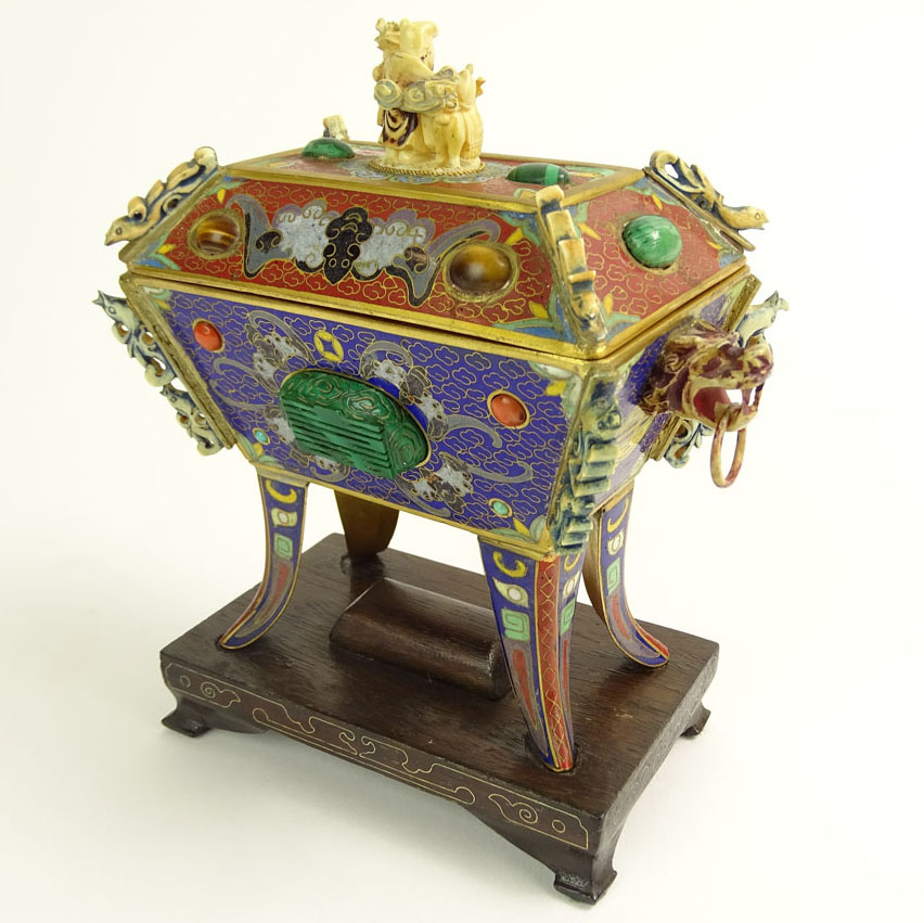 Vintage Chinese Cloisonné Censer With Gemstone Embellishments