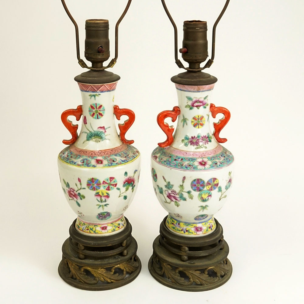 Pair of Antique Chinese Export Porcelain Famille Rose Handled Vases Now As Lamps.