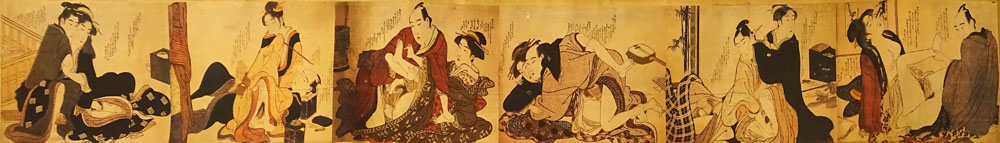 Antique Japanese Erotic Shunga Woodblock on Fabric Laid on Heavy Paper Scroll.