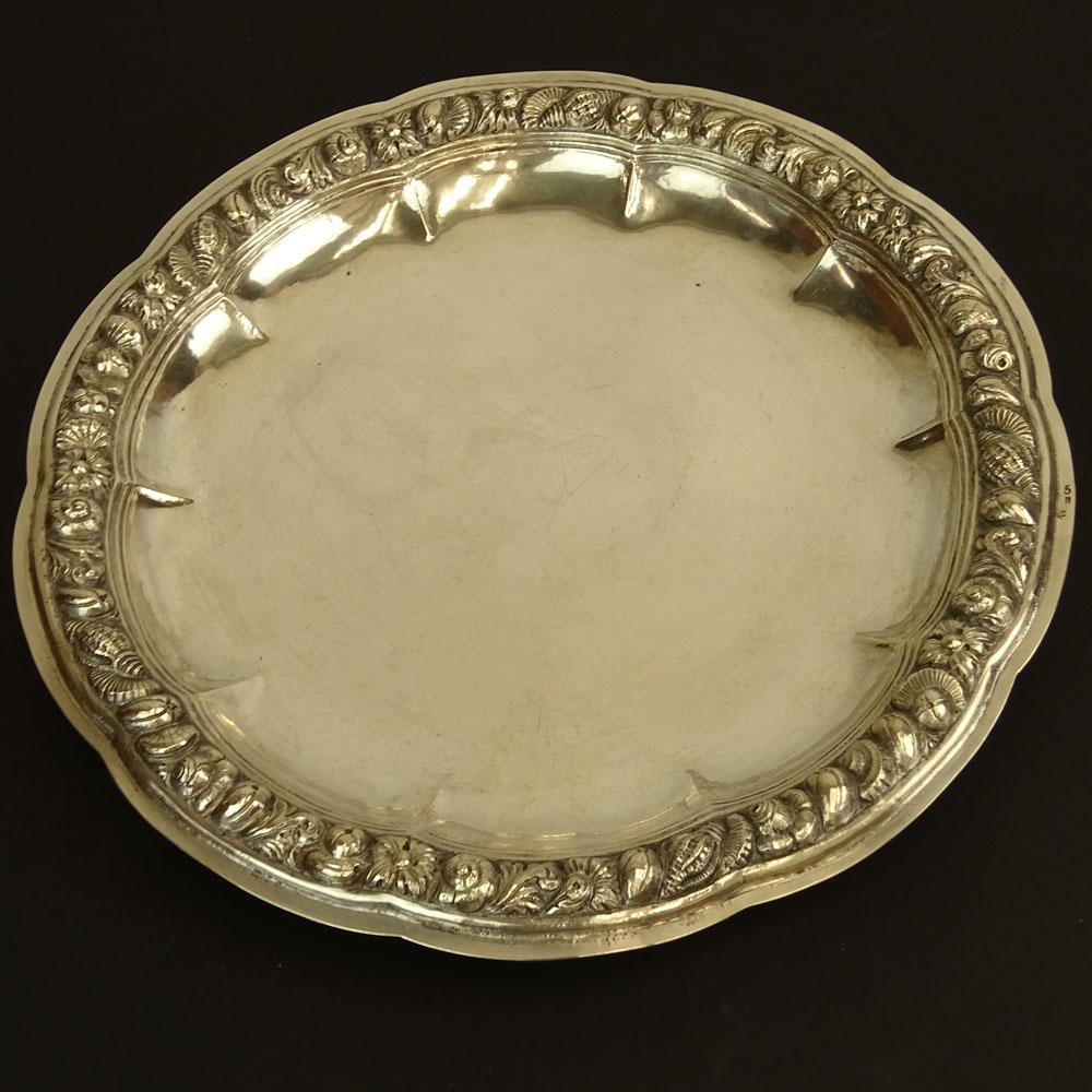 Antique Continental 800 Silver Tray. Shell Motif Rim. Partial Hallmark, 5, Makers Mark. 