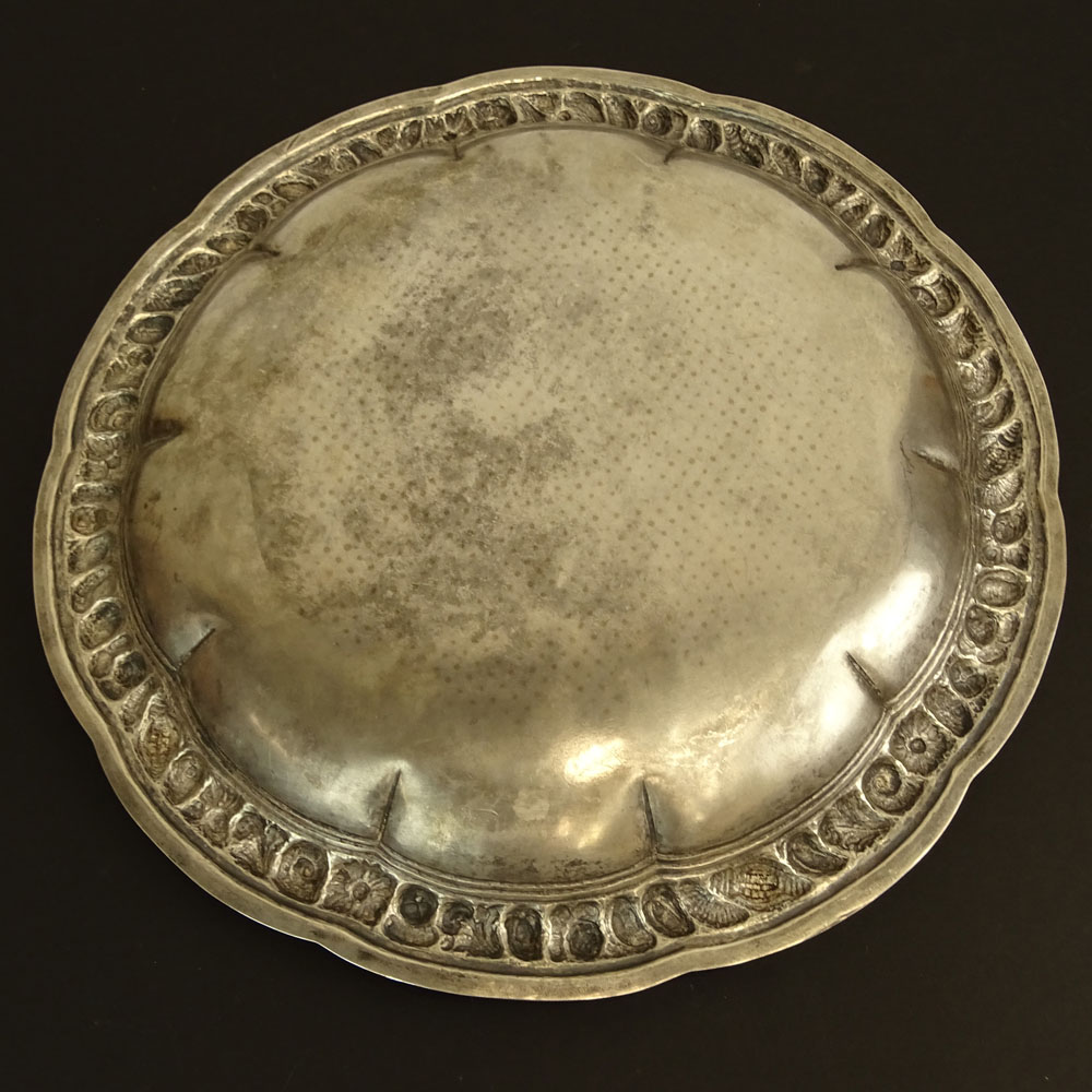 Antique Continental 800 Silver Tray. Shell Motif Rim. Partial Hallmark, 5, Makers Mark. 