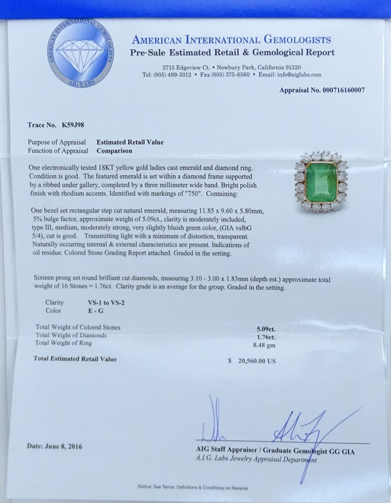 AIG Certified 15.59 Carat Rectangular Step Cut Emerald, 2.15 Carat Round Brilliant Cut Diamond and 14 Karat White Gold Ring.