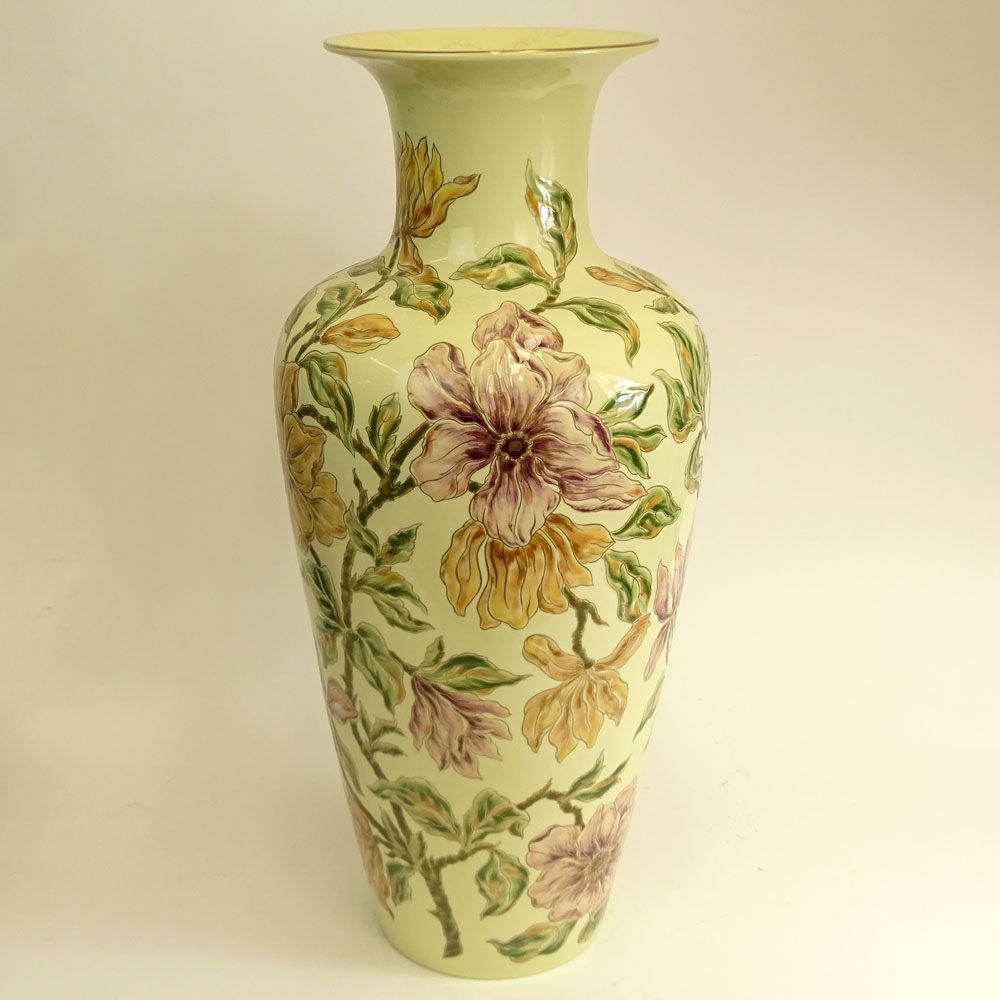 Monumental Zsolnay Natural Color Porcelain Vase. Hand Painted Floral motif.