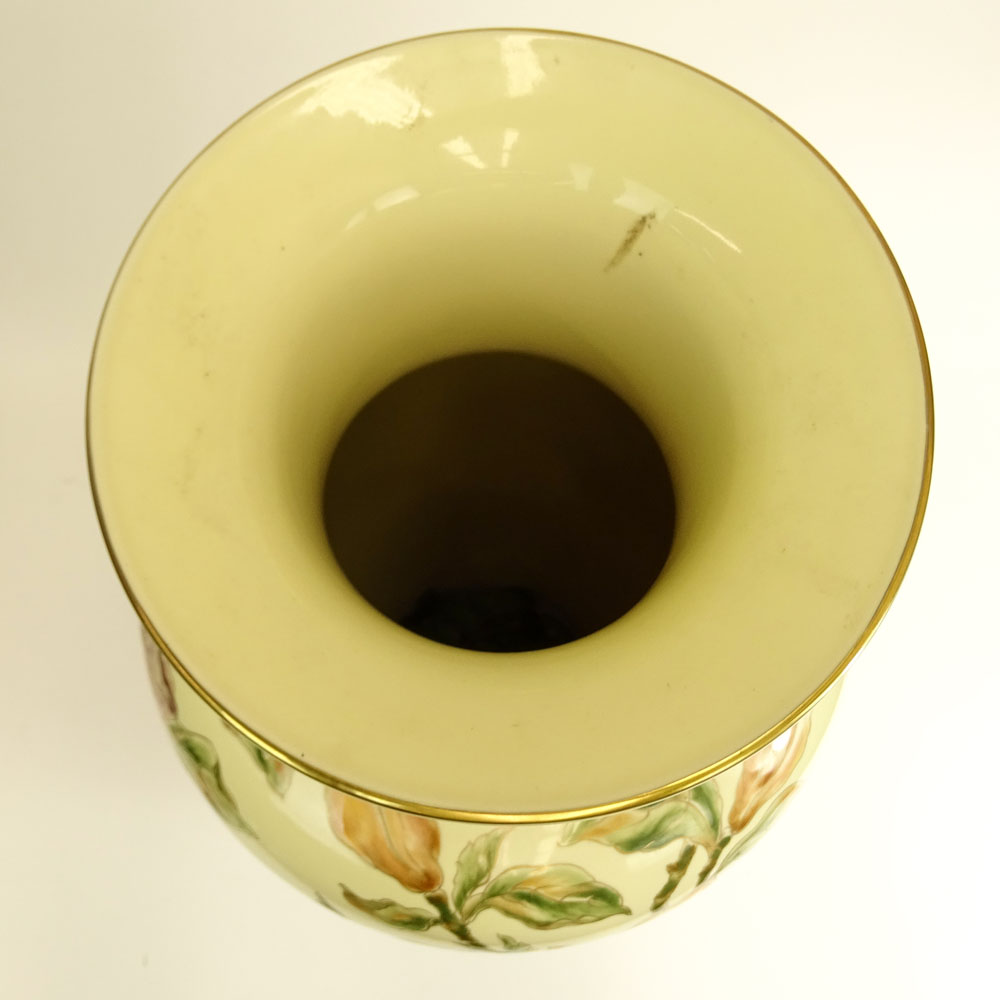 Monumental Zsolnay Natural Color Porcelain Vase. Hand Painted Floral motif.