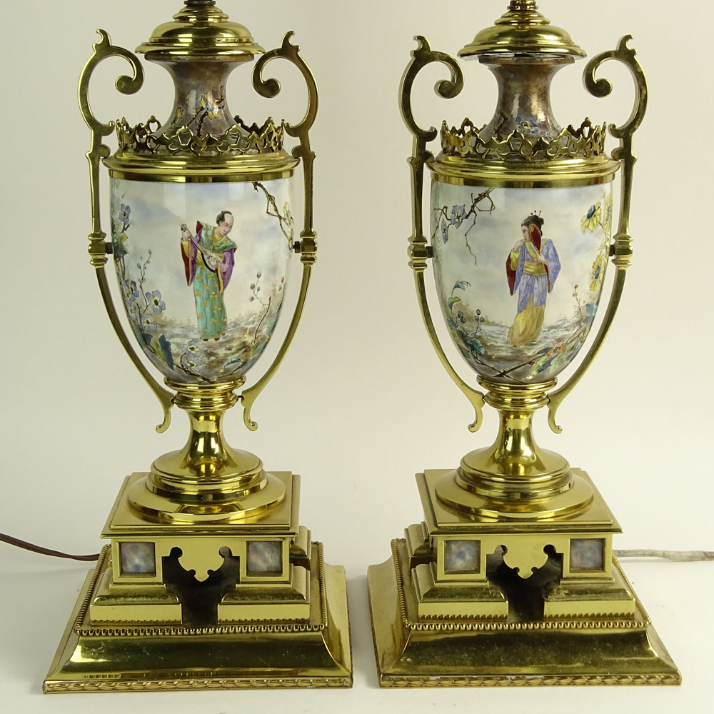 Pair of Early 20th C Japonism Brass Mounted Hand painted Faience Urns Now As lamps. Decorated by Louis Ernie.