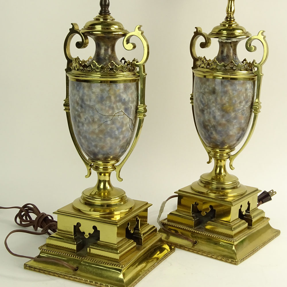 Pair of Early 20th C Japonism Brass Mounted Hand painted Faience Urns Now As lamps. Decorated by Louis Ernie.