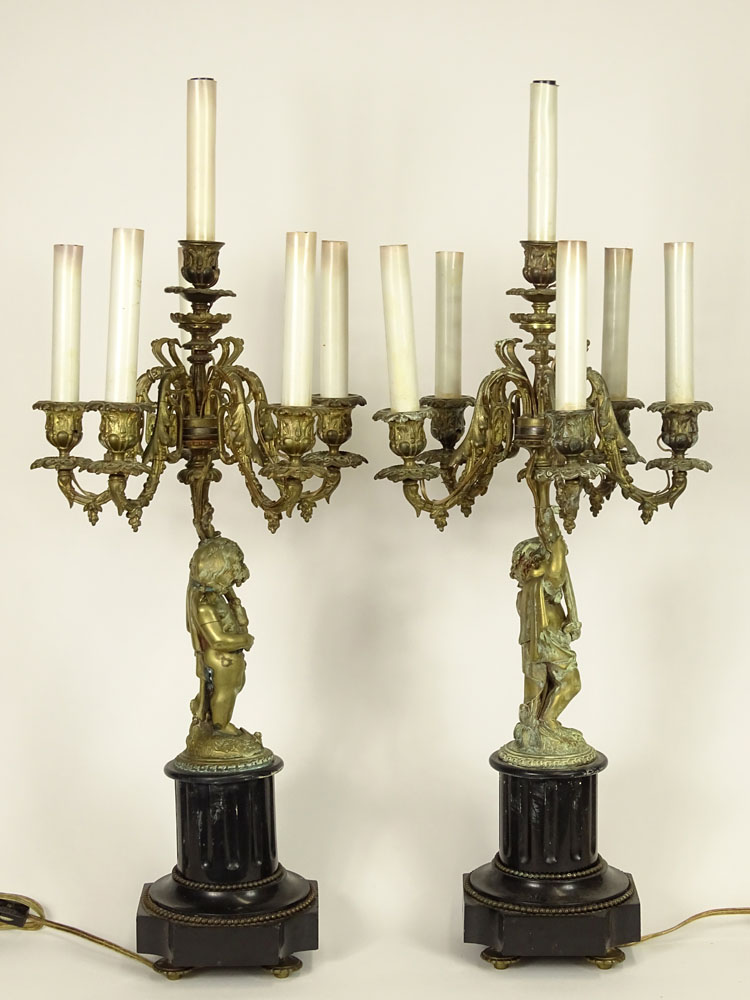 Pair French Louis XVI Style Bronze Putti Candelabra Table Lamps. Each was fashioned in the form of a five-arm candelabra