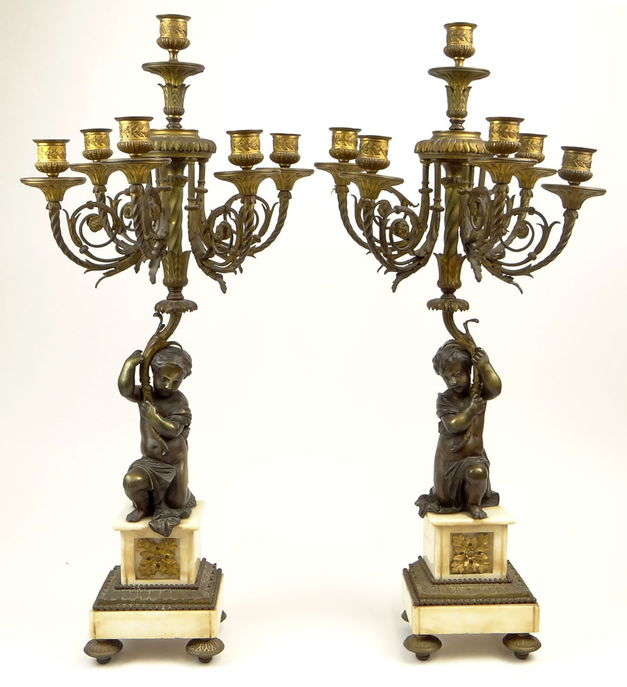 Pair of Antique French Bronze and Marble Figural Six Light Candelabra. Footed, Bronze Mountings. Brown, Gold Patina.