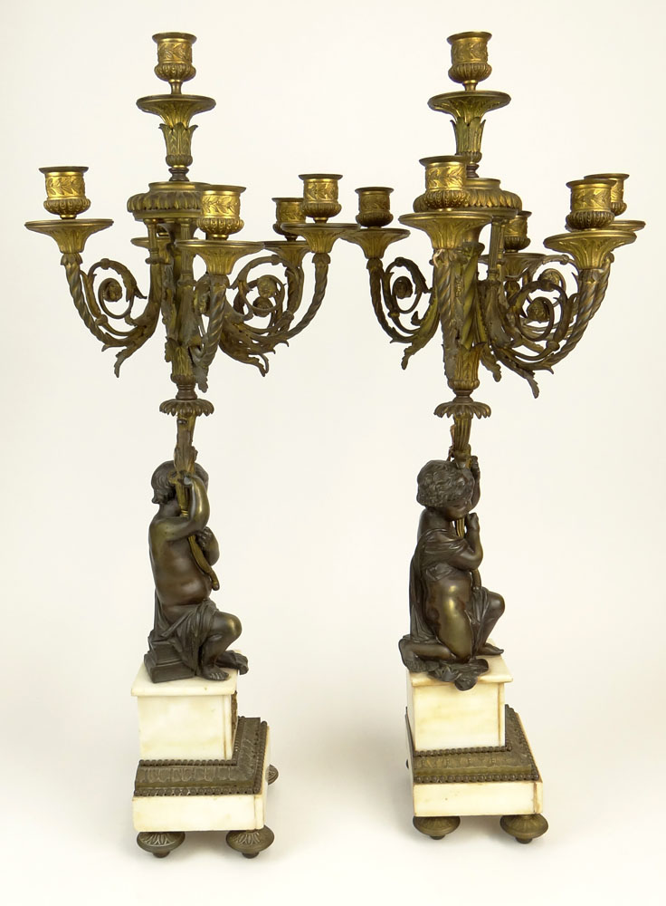 Pair of Antique French Bronze and Marble Figural Six Light Candelabra. Footed, Bronze Mountings. Brown, Gold Patina.