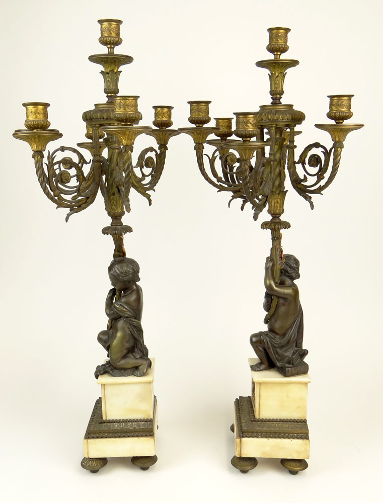 Pair of Antique French Bronze and Marble Figural Six Light Candelabra. Footed, Bronze Mountings. Brown, Gold Patina.