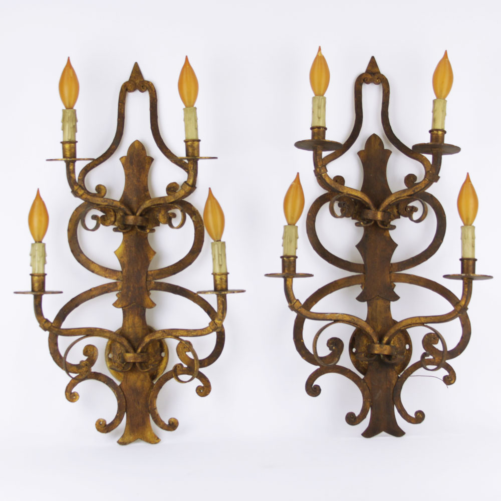 Pair of Vintage Burnished Metal Four (4) Light Sconces.