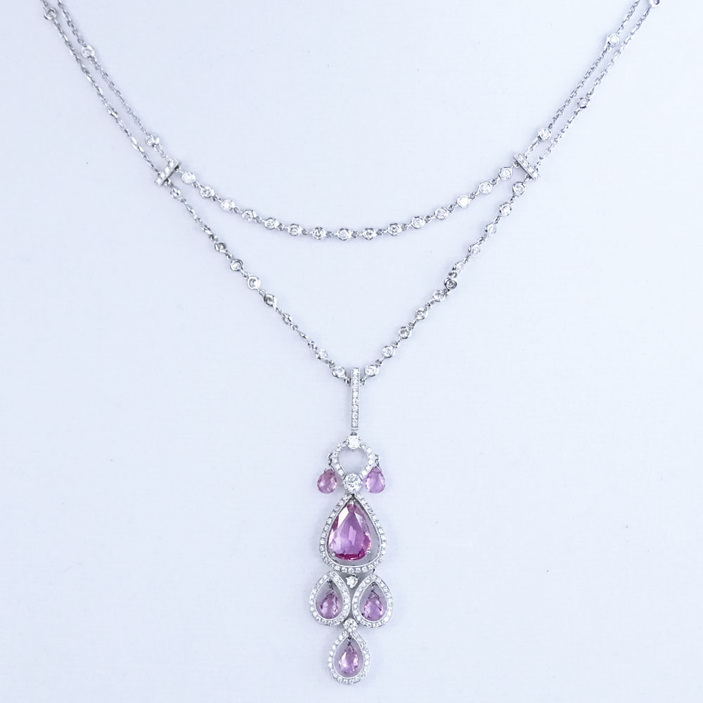 Delicate Approx. 4.25 Carat Pink Sapphire, 3.0 Carat Round Brilliant Cut Diamond and 18 Karat White Gold Necklace. 