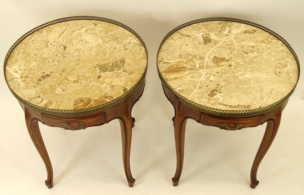 Pair of French Louis XV Style Marble Top Tables With Pierced Brass Gallery. Each with one drawer and bronze mountings.