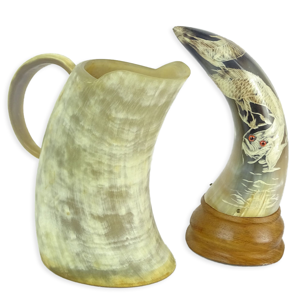 Two Pieces Vintage Carved Horn. One, a cup/pitcher with wood bottom. 