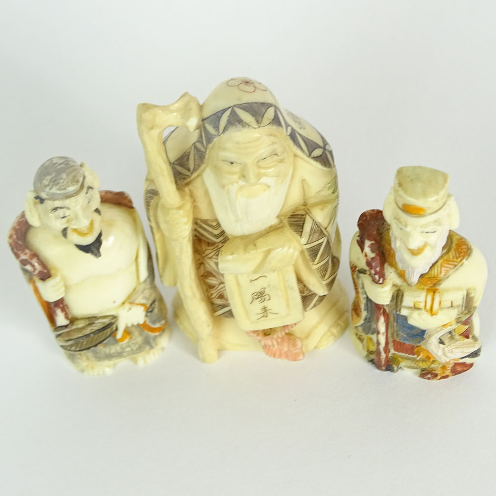 Lot of Three (3) Vintage Carved Ivory Snuff Bottles and Figurine.