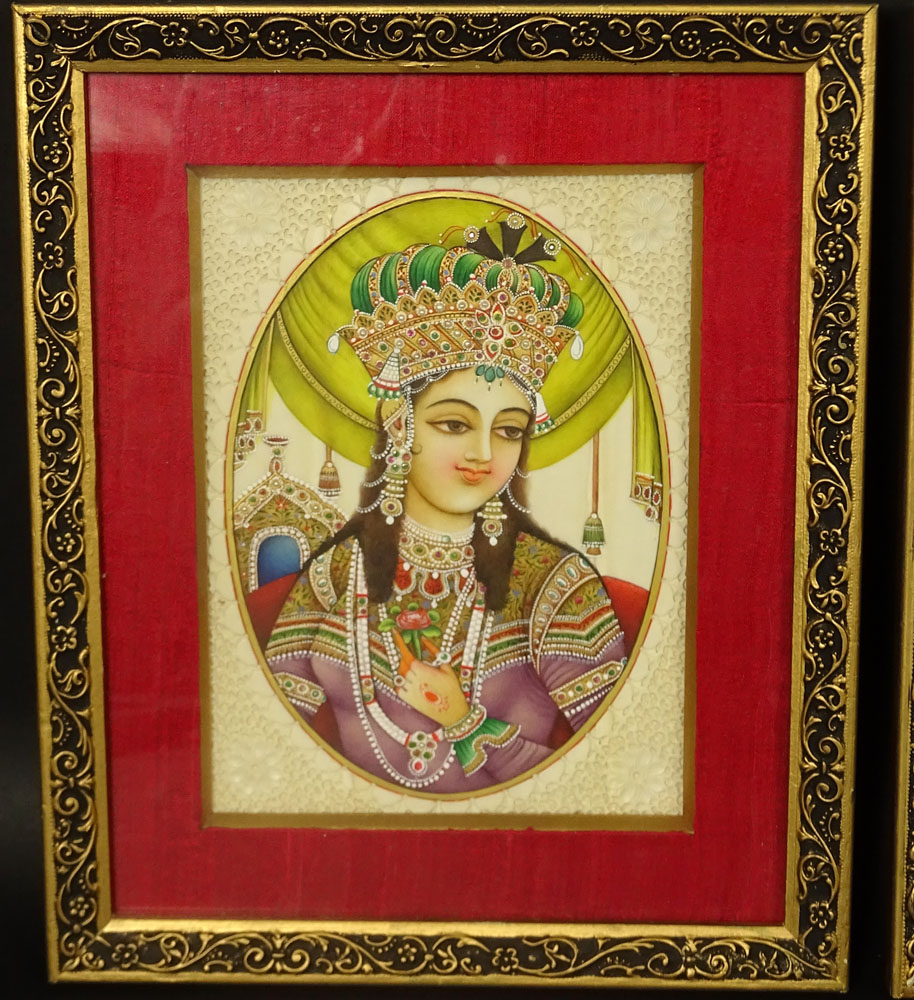 Pair of Vintage Indian Pierced Ivory Enameled and Jeweled Paintings.