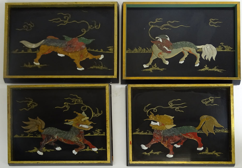 Collection of Four (4) Vintage Chinese Hardstone decorative panels. Each depicting a mythical beast.