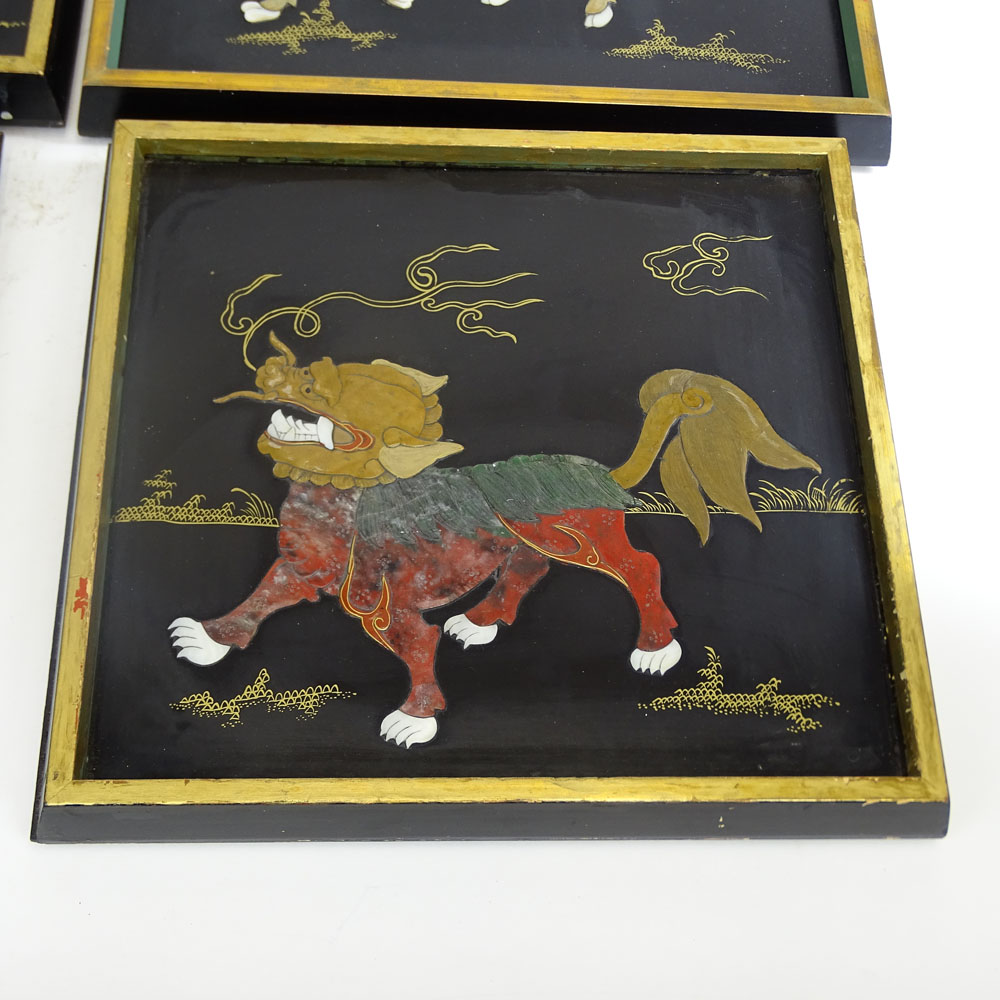 Collection of Four (4) Vintage Chinese Hardstone decorative panels. Each depicting a mythical beast.