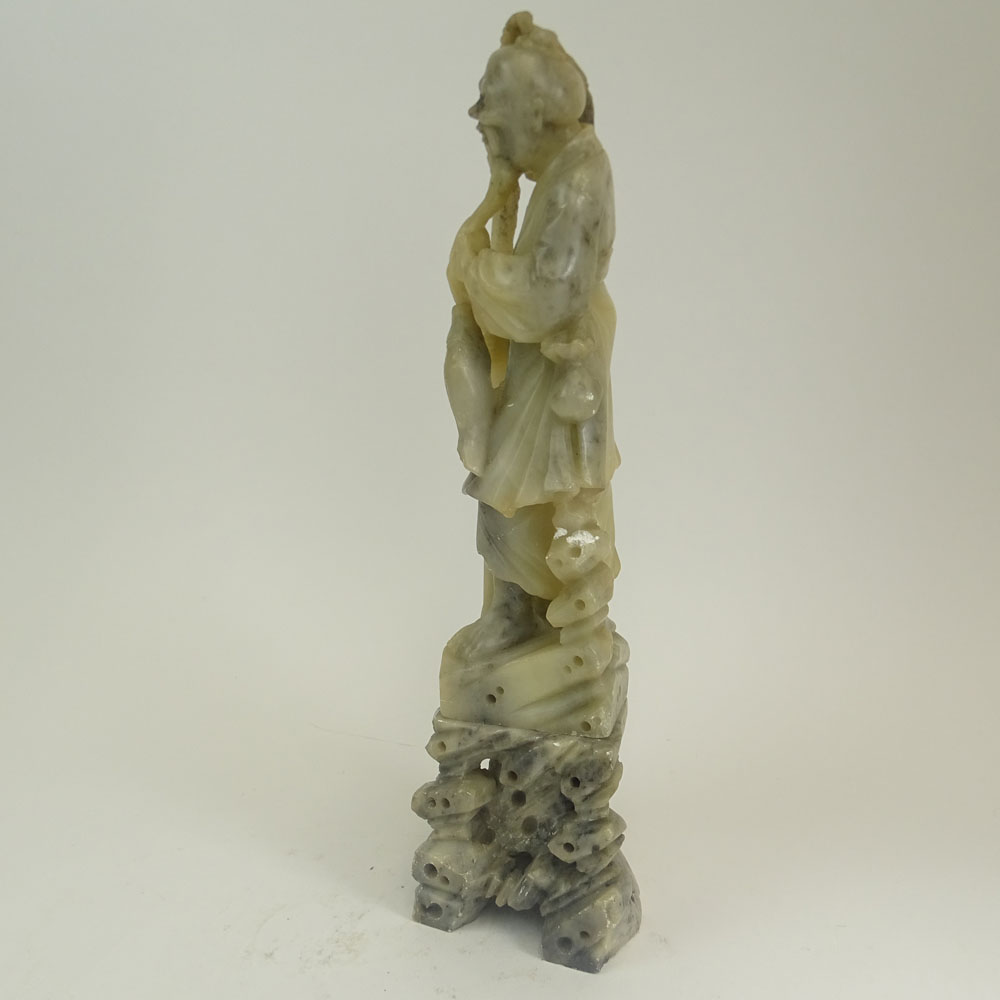 Vintage Chinese Carved Soap Stone Figure of a Fisherman On Soap Stone Base.