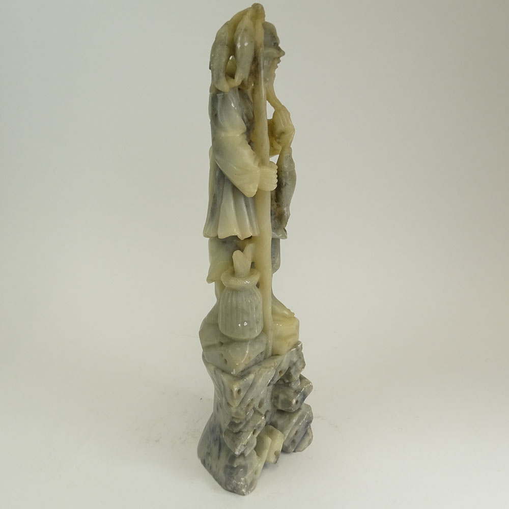 Vintage Chinese Carved Soap Stone Figure of a Fisherman On Soap Stone Base.