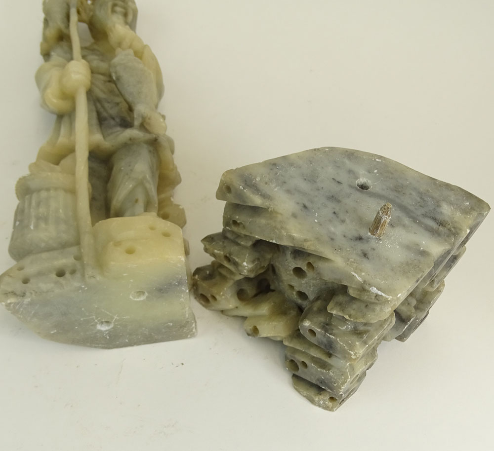 Vintage Chinese Carved Soap Stone Figure of a Fisherman On Soap Stone Base.