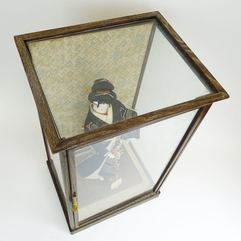 Vintage Japanese Geisha Doll In Glass Case.