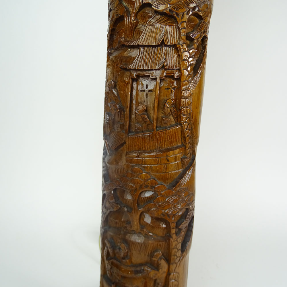 Vintage Chinese Carved Bamboo Lamp.