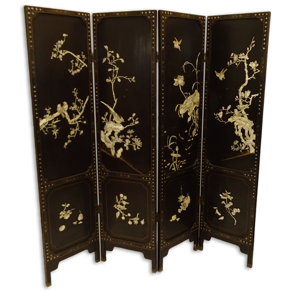 Vintage Chinese Lacquered Inlaid and Applied Mother Of Pearl Four paneled Screen.