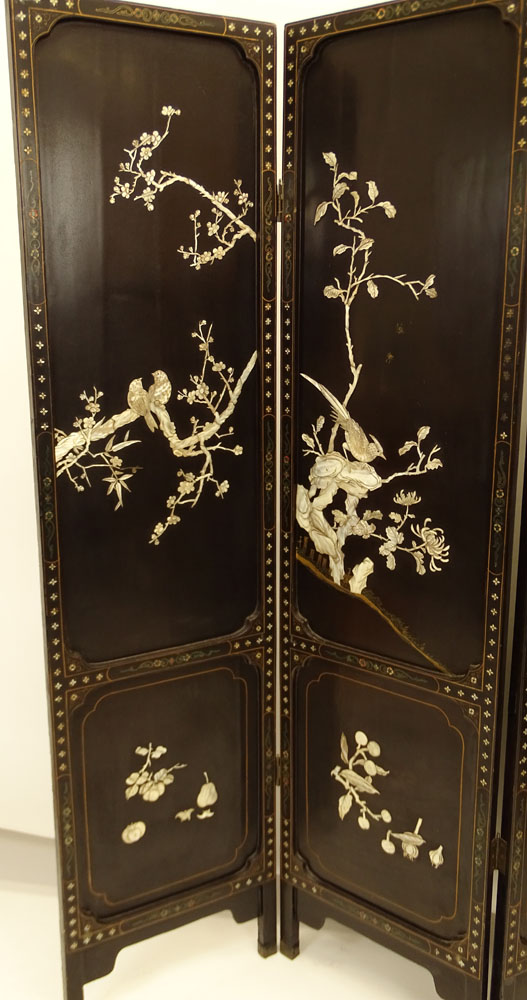 Vintage Chinese Lacquered Inlaid and Applied Mother Of Pearl Four paneled Screen.