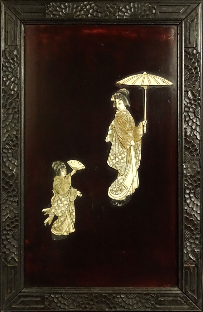 Vintage Chinese Carved Bone Inlaid Panel in carved wood frame.