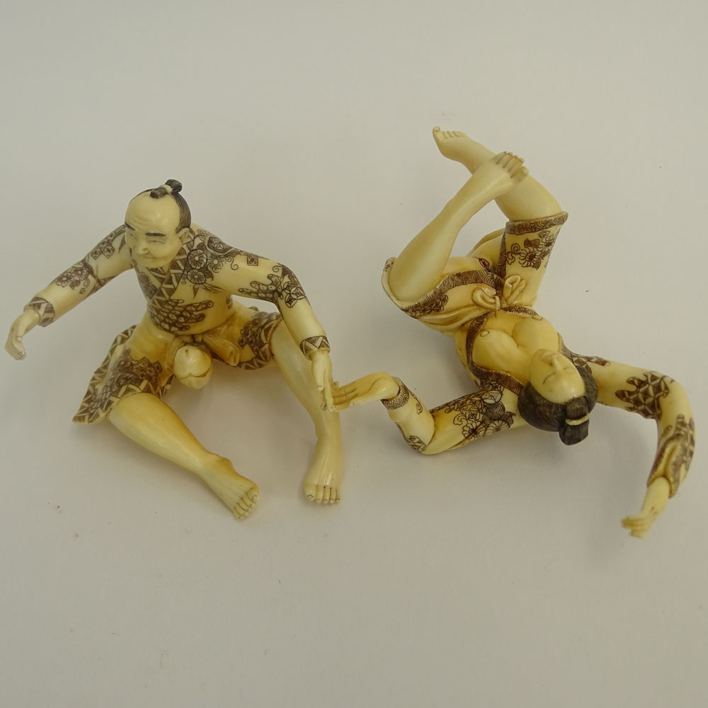 Vintage Two (2) Part Japanese Carved Ivory Erotic Couple Okimono.