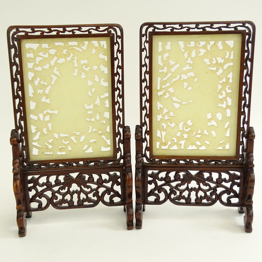 Pair of Vintage Chinese Carved Reticulated White Jade Table Screens in Hardwood Frames.